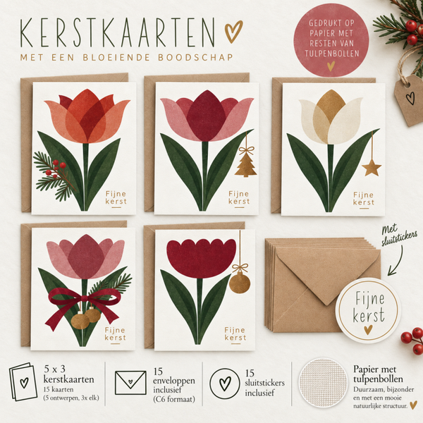 Kerstkaart Tulpen (15 stuks) (dubbele kaart)