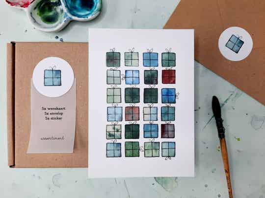 bundel wenskaarten + stickers "cadeautjes"