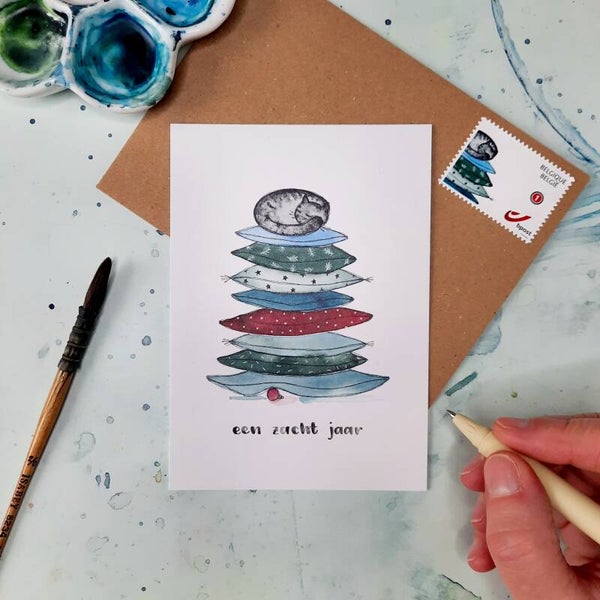 bundel 6 wenskaarten + stickers "de kat op de kerstbal - een zacht jaar""