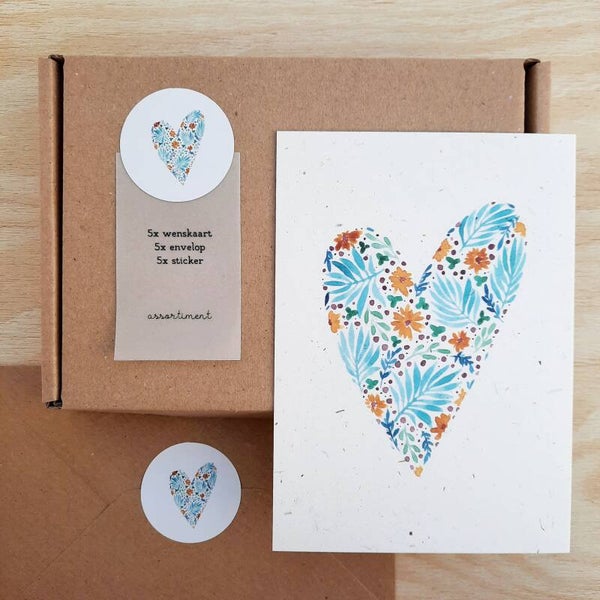 assortiment wenskaarten + stickers "hart natuur"