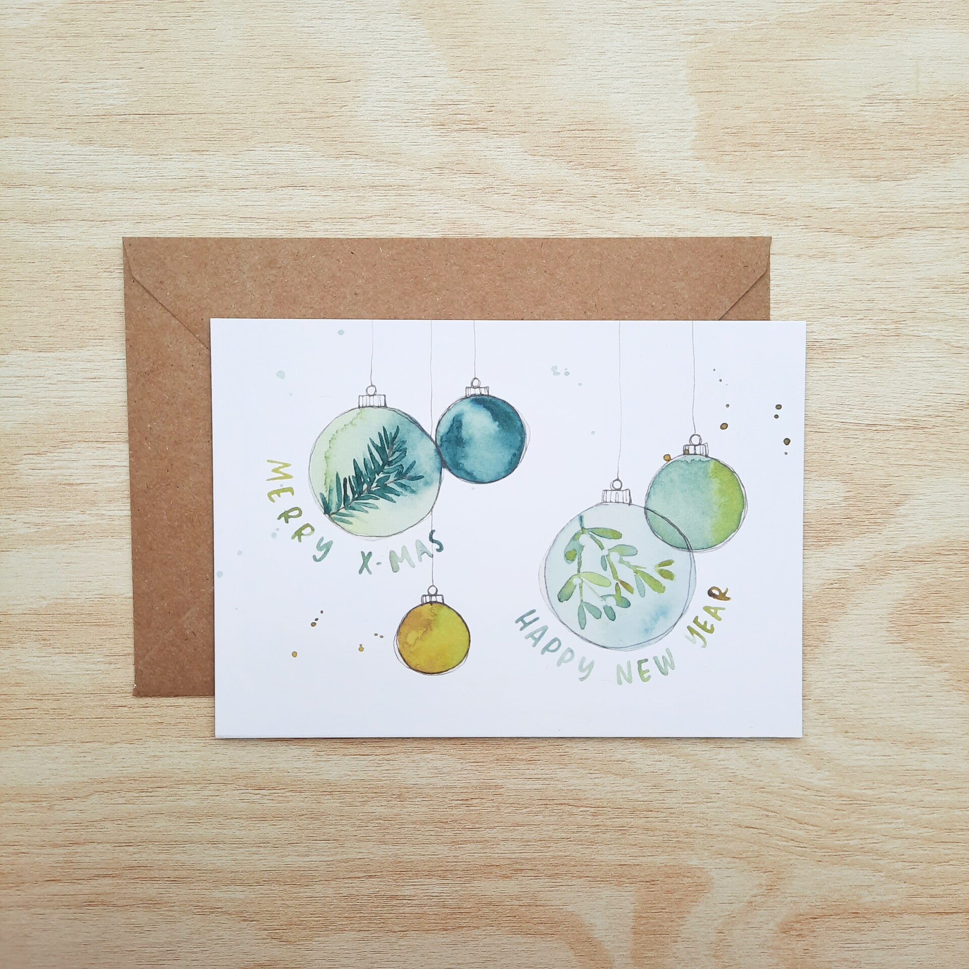 wenskaart "kerstballen - merry X-mas Happy new year"