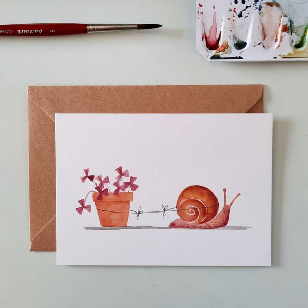 wenskaart "slakje met terracotta bloempot"