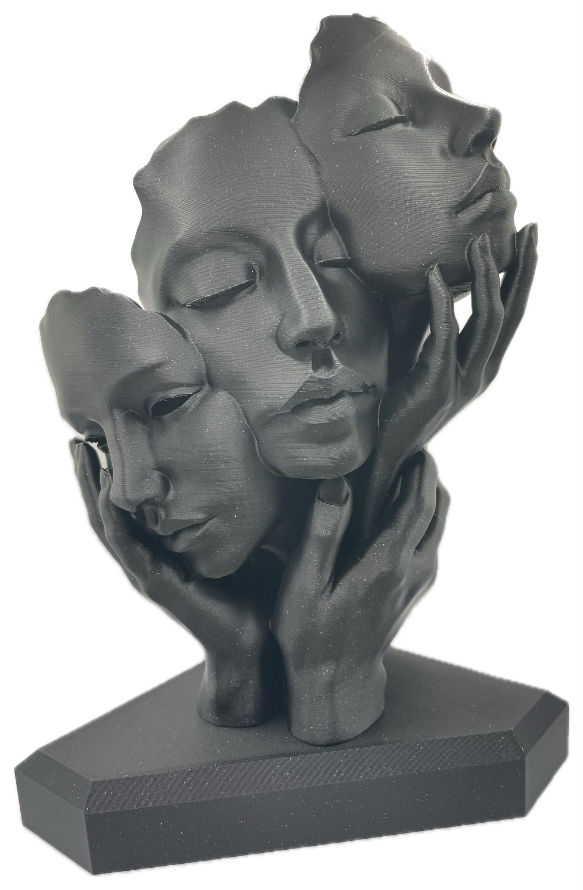 Sculpture 3 gezichten met drie handen op een sokkel