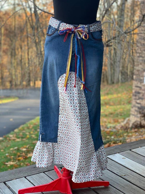 Denim Floral Ruffle Midi A-line Skirt