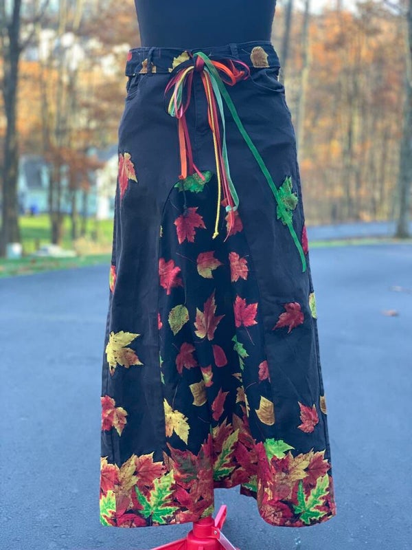 Patchwork Appliqué Denim Maxi A-line Skirt