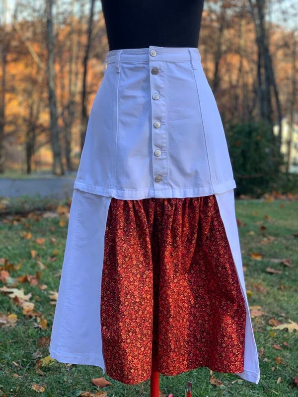 High Waist Patchwork Denim Midi A-line Skirt