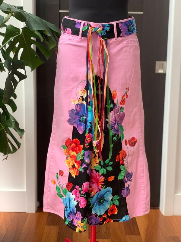 Patchwork Painted Denim Midi A-line Skirt