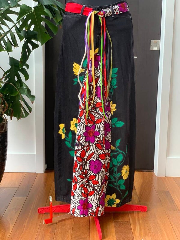 Patchwork Painted Denim Maxi A-line Skirt