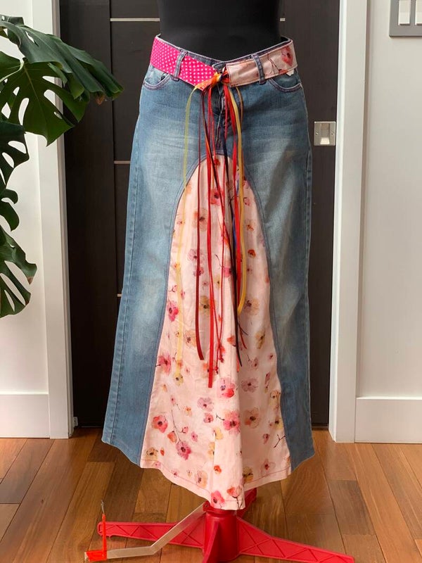 Patchwork Denim Maxi A-line Skirt