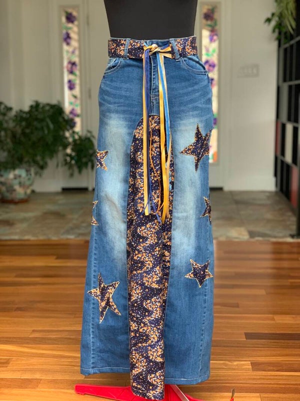Patchwork Appliqué Denim Maxi A-line Skirt