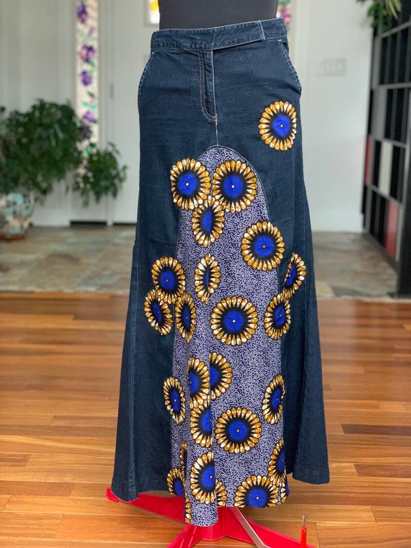 Patchwork Appliqué Denim Maxi A-line Skirt