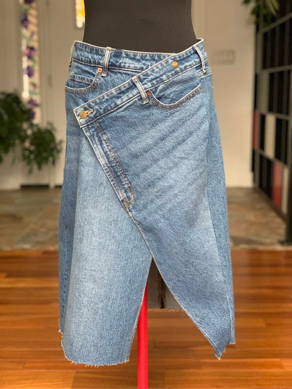 Denim Side Open Asymmetrical Midi Skirt