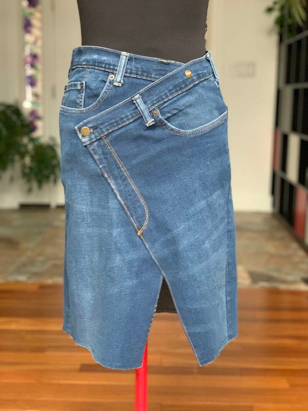 Denim Side Open Asymmetrical Knee Skirt