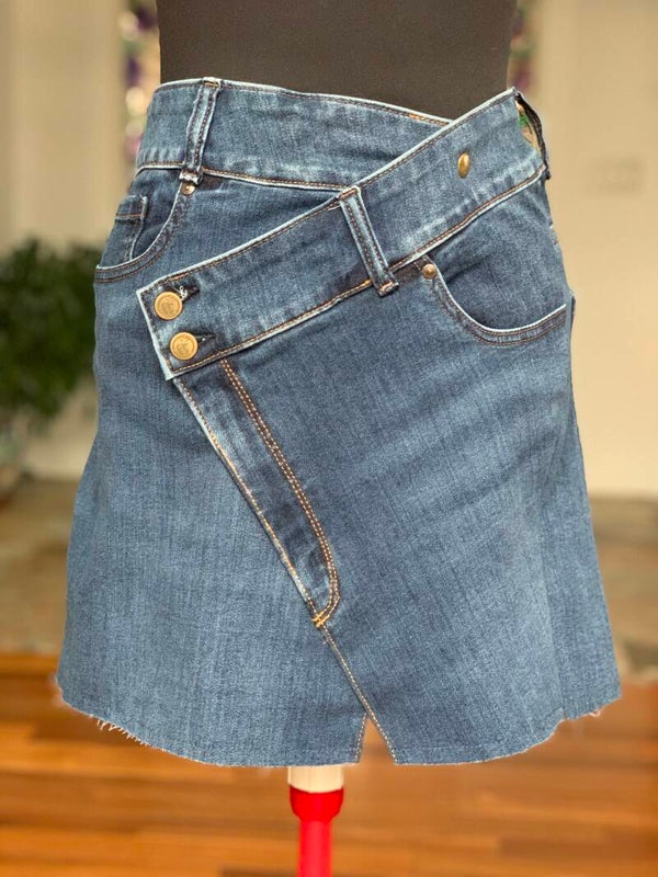 Denim Side Open Asymmetrical Mini Skirt