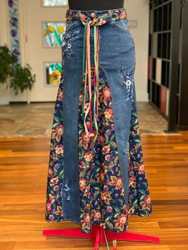 Godet Denim Maxi A-line Skirt
