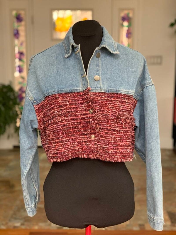 Tweed/denim hybrid crop denim jacket