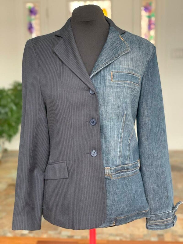 Denim/tailored Asymmetrical Hybric Blazer