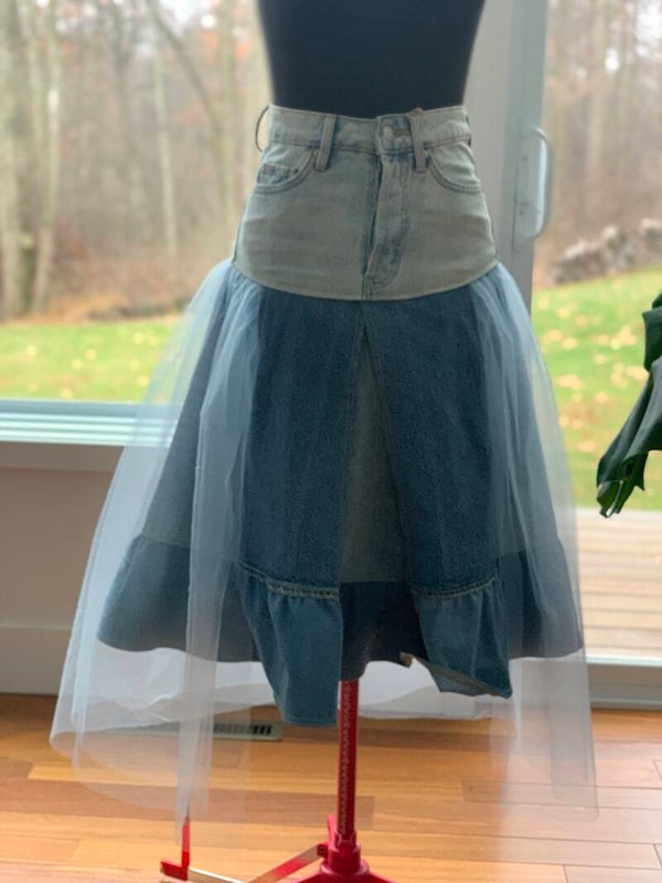 Blue Tulle Patchwork Denim Skirt