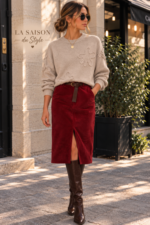 Jupe JUDITH Velours chenille (Bordeaux / Camel)