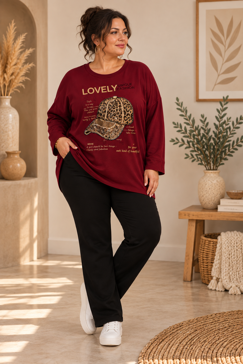 Pull oversize bordeaux à motif