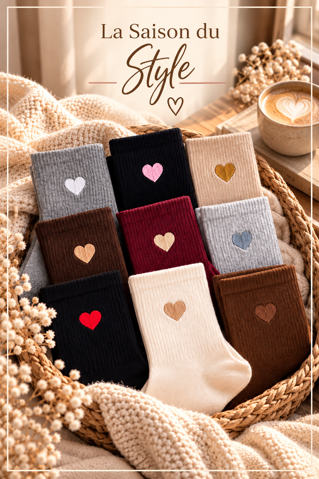 Chaussette brodé cœur (différents coloris)