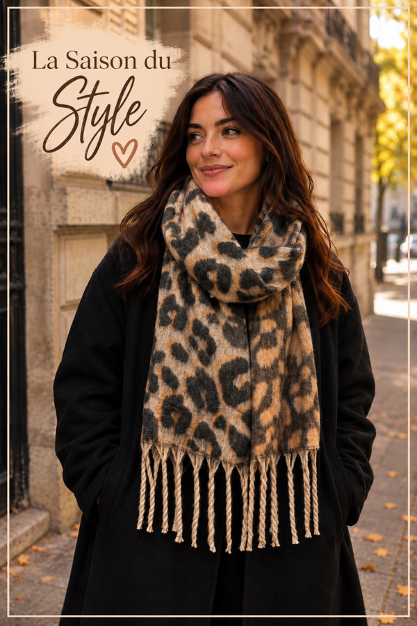 Echarpe Léopard réversible à franges ( Noir/Beige)