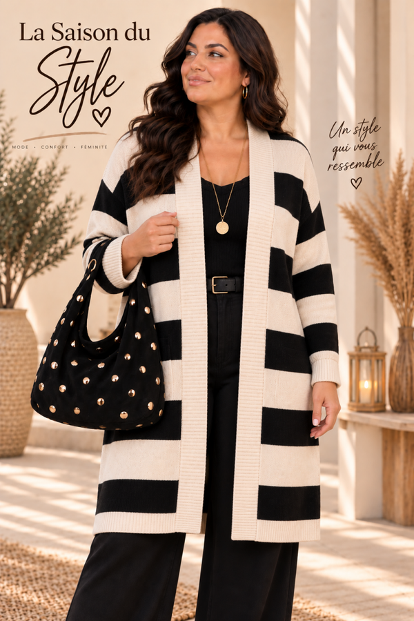 GILET LONG RAYURES  (Crème / Noir)