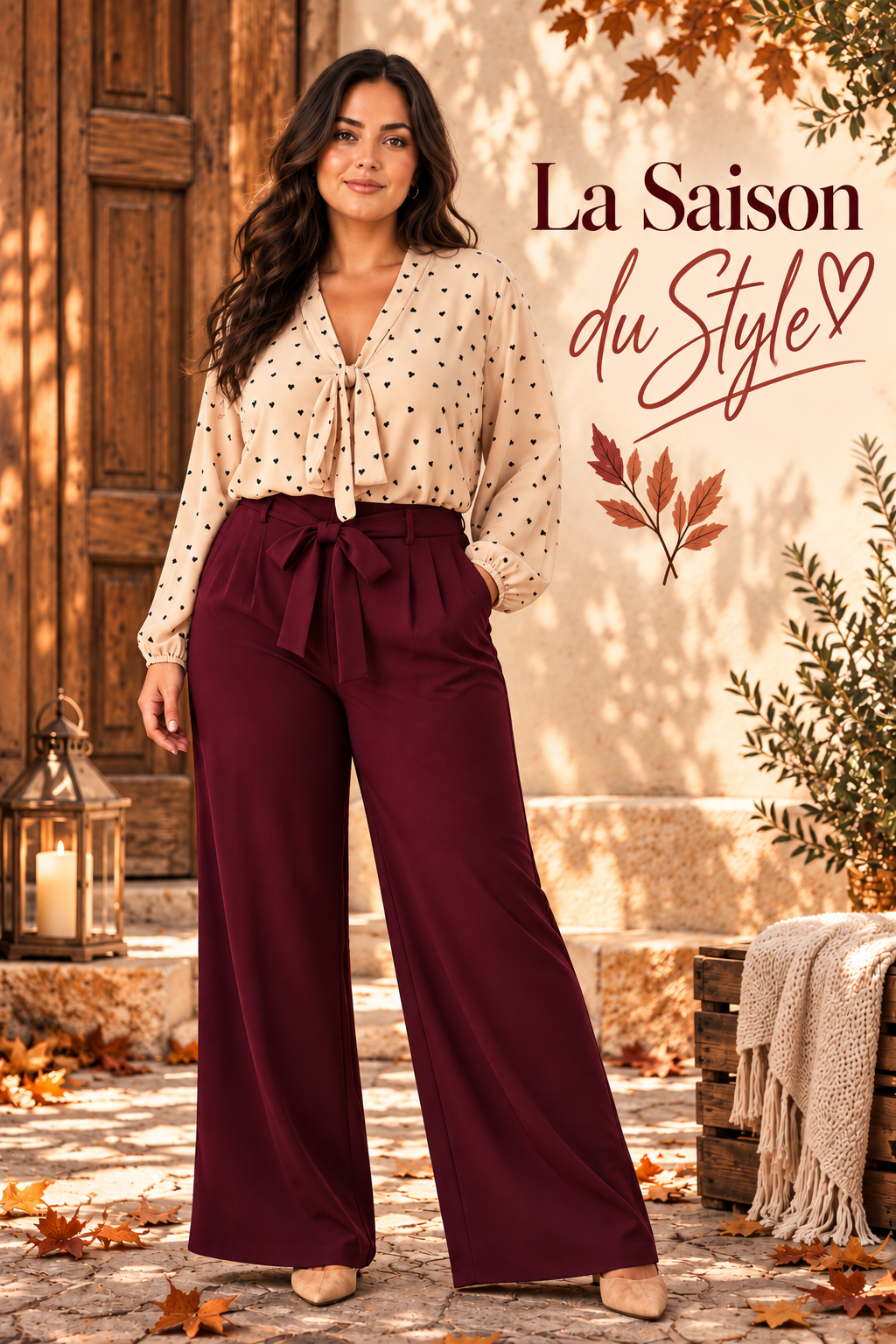 Pantalon large avec ceinture Mily (Noir/Bordeaux) du 44 au 48