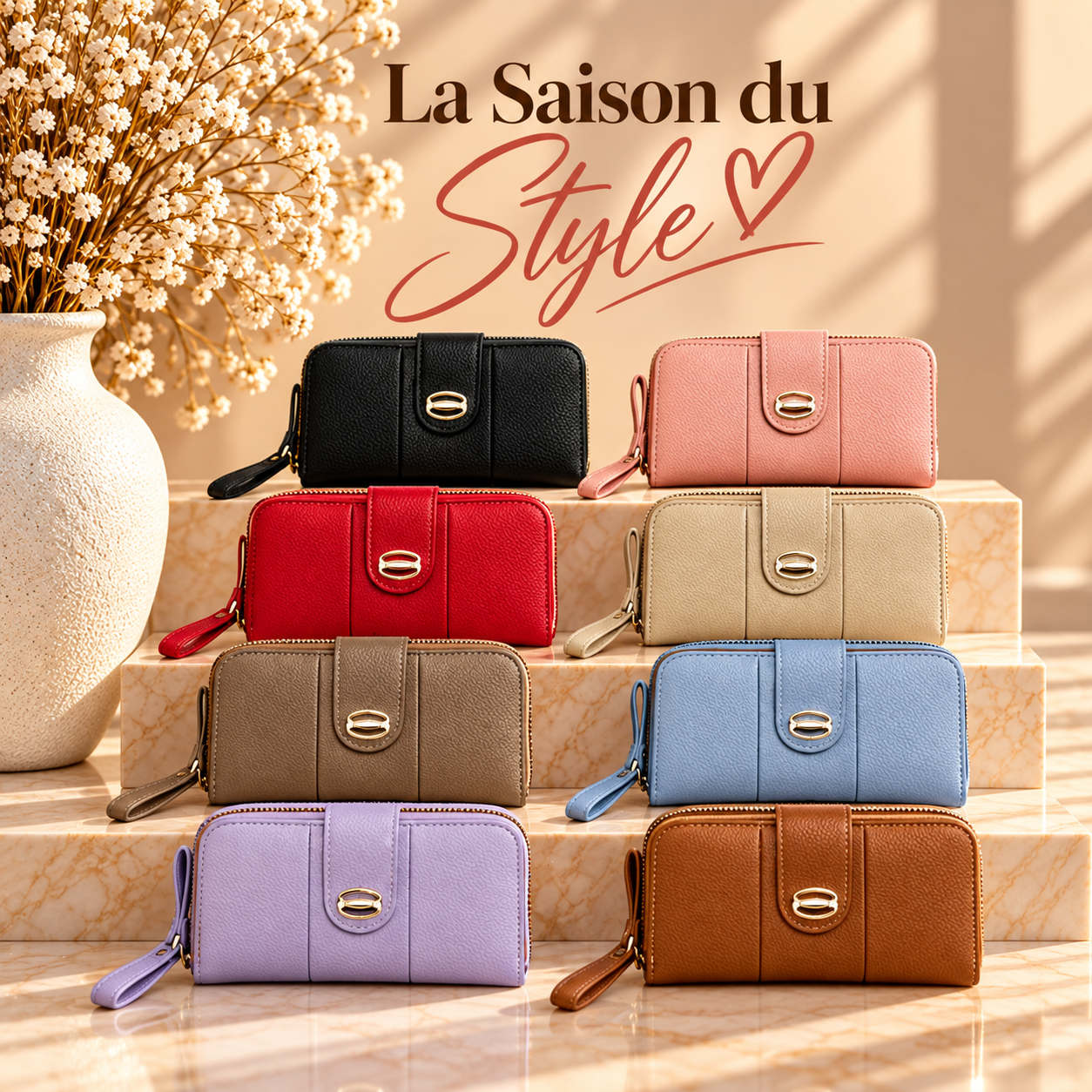 Portefeuille aspect cuir et doré (noir,lilas,rouge,rose,bleu,taupe,terracota,vanille)