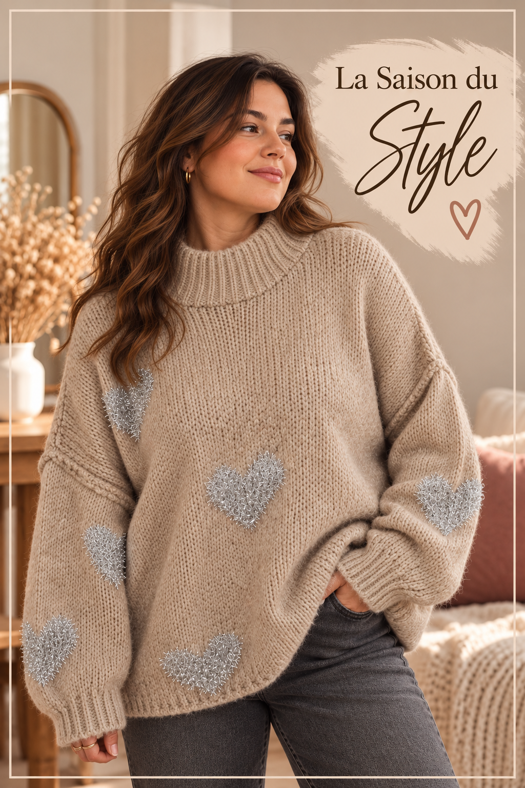 Pull grande taille femme Cœur scintillant – Gris/Taupe