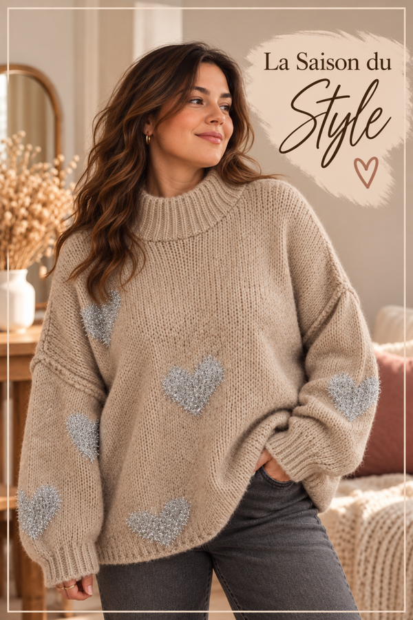 Pull grande taille femme Cœur scintillant – Gris/Taupe