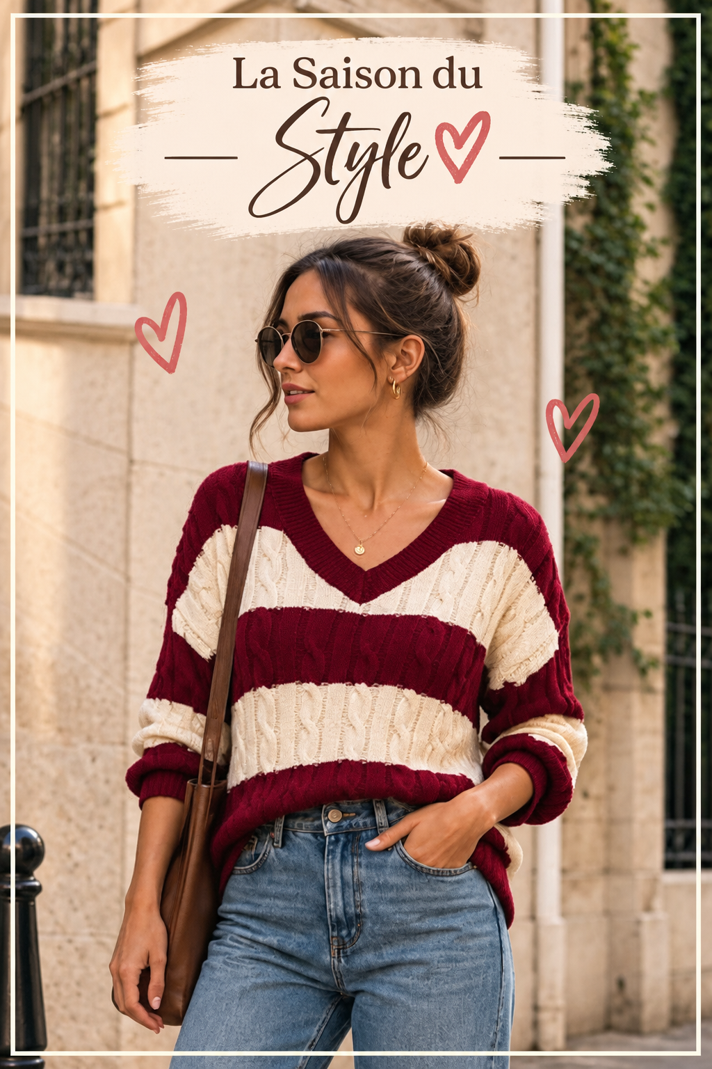 Pull Rayés Corine Col en V (Bordeaux/Noir/Taupe)
