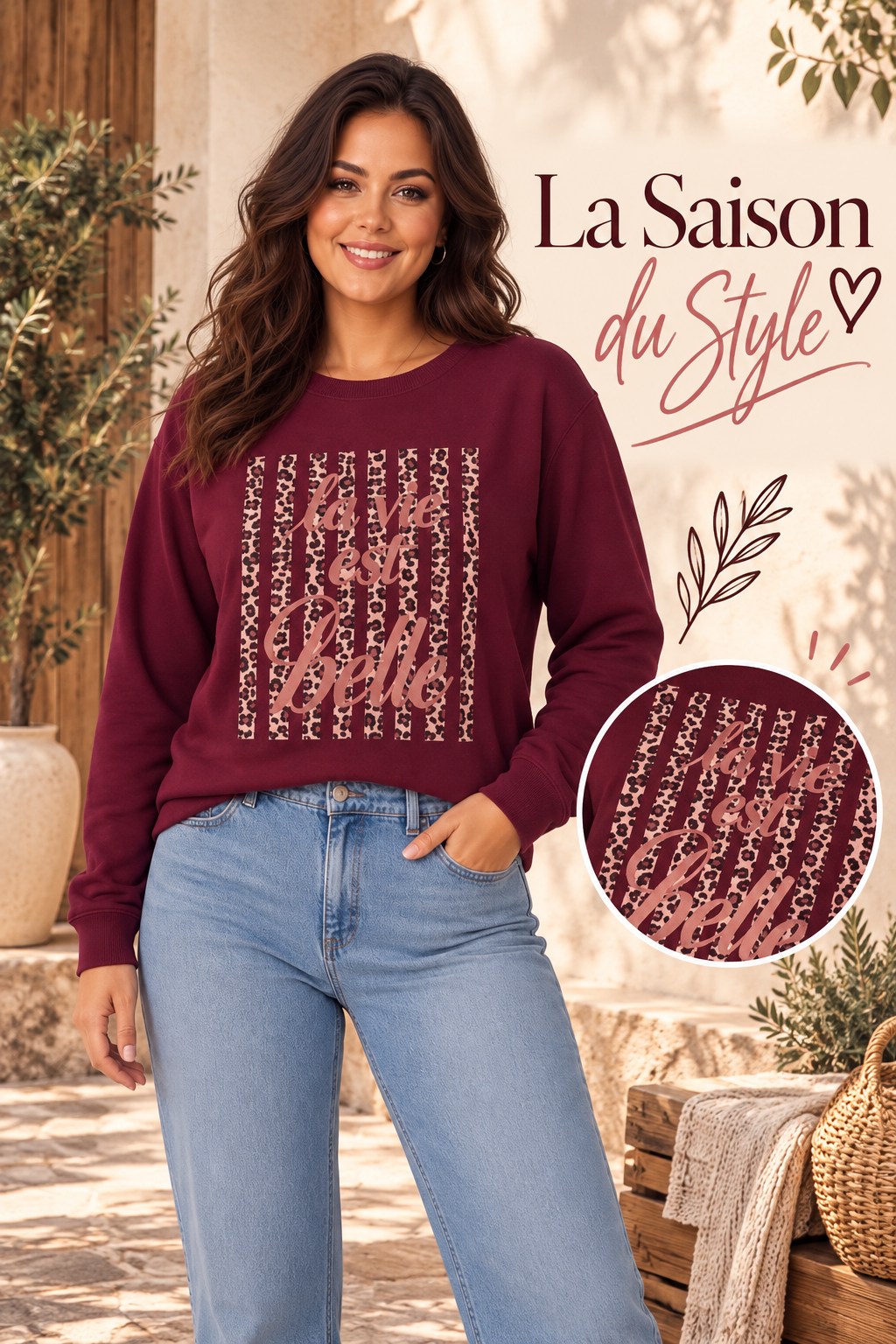 Sweat "La Vie est Belle" Mily (Bordeaux/ Chocolat) 42 au 48