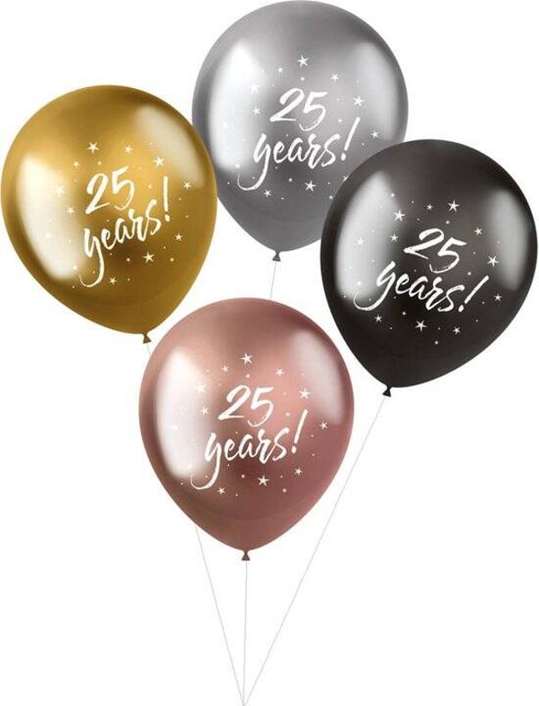 25 Jaar | Shimmer | Verjaardag | Vier stuks | Tros | Chrome vip mix | Inclusief helium en Lintje | Goud Zilver Rose