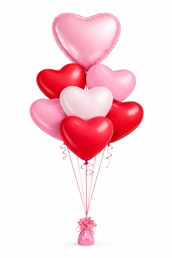 Hartjes tros Roze Folie hart en 6 gemengde Hartjes | Liefde & Valentijn | inc helium lint en gewichtje