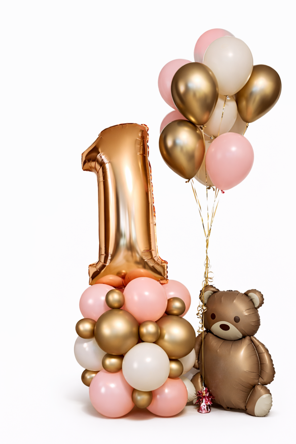 Ballonnenpilaar met Cijfer naar Keuze & Teddybeer – Roze, Wit & Goud