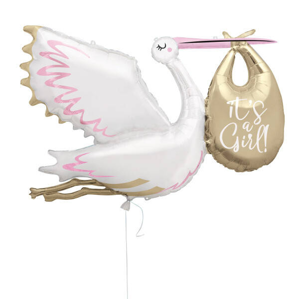151 cm ! Its a Girl Ooievaar  |  Folie Ballon |  Baby  |  | Inclusief Helium en lint | XXL  | Roze Goud Wit