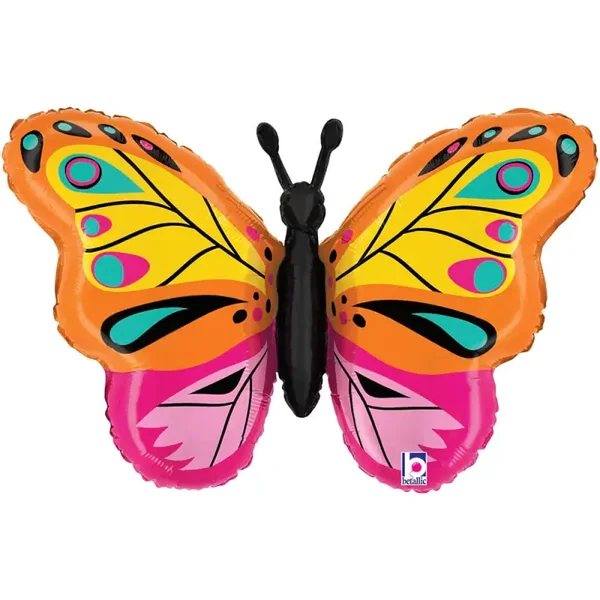 Vlinder oranje Roze|  Folie Ballon |  Kids | Mix | Inclusief Helium en lint | 70 cm | Roze