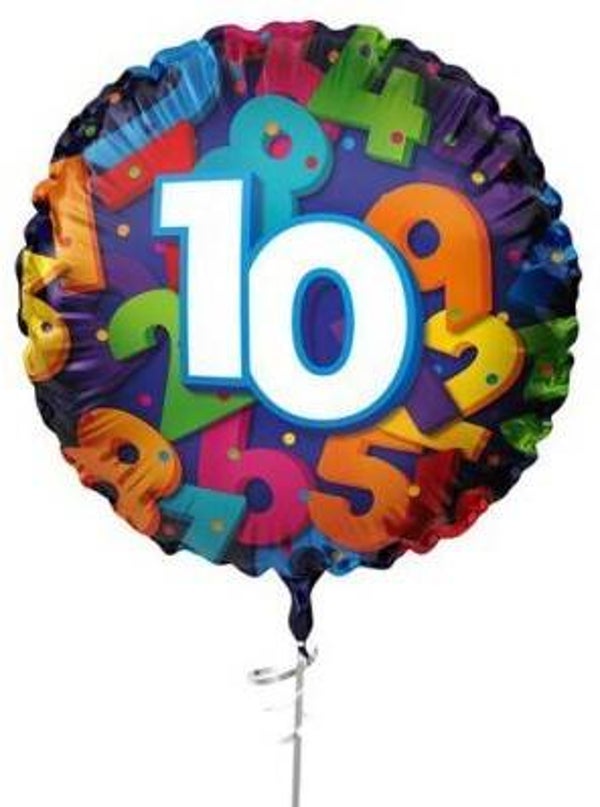 10 jaar  Ballon |  Rond  | Folie ballon  | Cijfer |  Verjaardag | Inclusief Helium en Lint | 45 cm