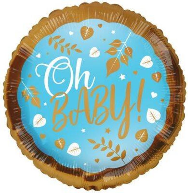 Oh Baby Blauw Rond | Folie Ballon  | Baby | Inclusief Helium en Lint | 45 cm |  Blauw Goud