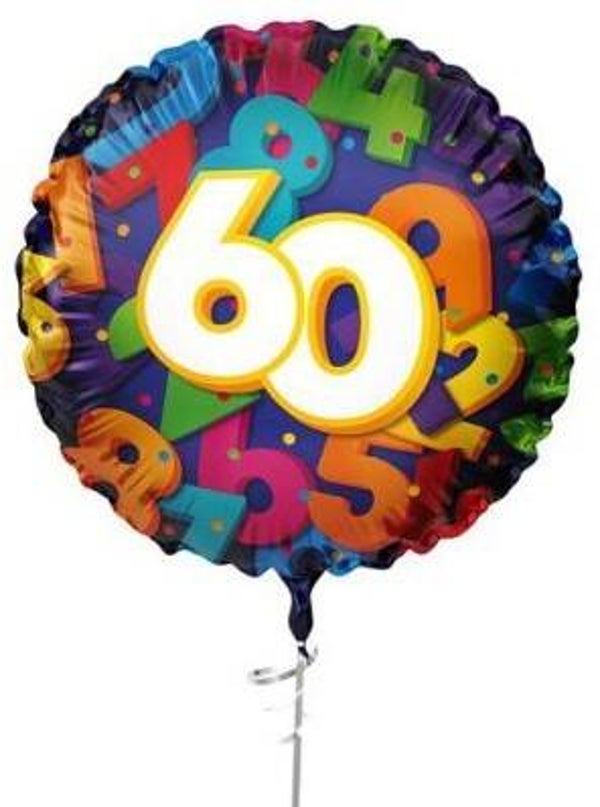 60 jaar Ballon |  Rond   | Folie ballon  | Cijfer |  Verjaardag | Inclusief Helium en Lint | 45 cm