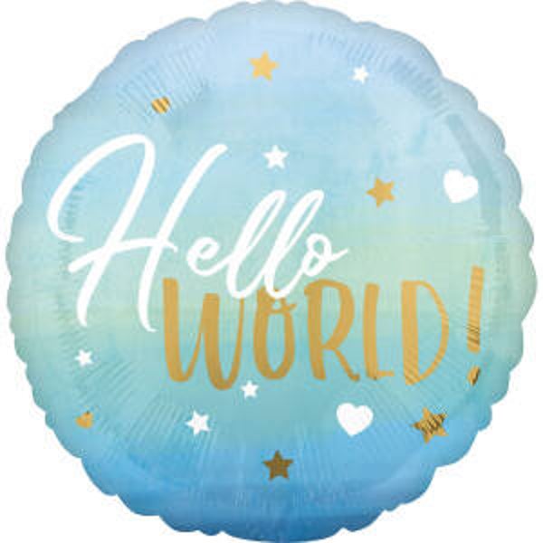 Hello World Blauw  | Folie Ballon  | Baby | Inclusief Helium en Lint | 45 cm |  Blauw Goud