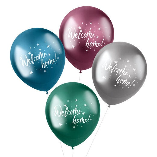 Welkom thuis | Shimmer | Welkom thuis | Vier stuks | Tros | Chrome vip mix | Inclusief helium en Lintje | Blauw groen Zilver Rose