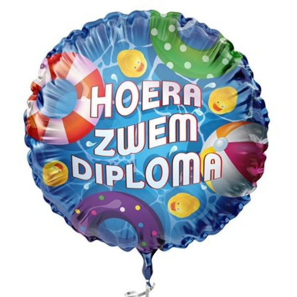 Hoera Zwemdiploma | Kids |  Folie Ballon | Geslaagd | Gefeliciteerd | Inclusief Helium en Lint | 45 cm | Blauw