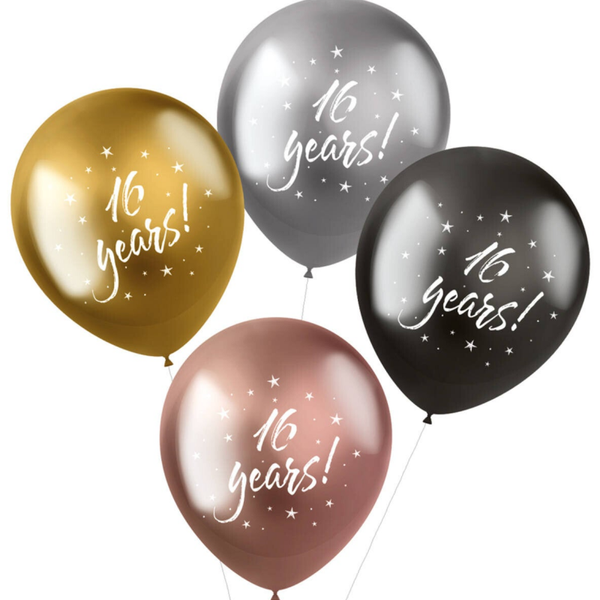 16 Jaar | Shimmer | Verjaardag | Vier stuks | Tros | Chrome vip mix | Inclusief helium en Lintje | Goud Zilver Rose