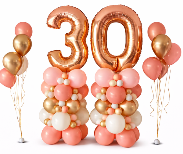 Cijfers Naar keuze Pilaren middel + twee Ballontrosjes Royal Chrome Pink | Goud Roze