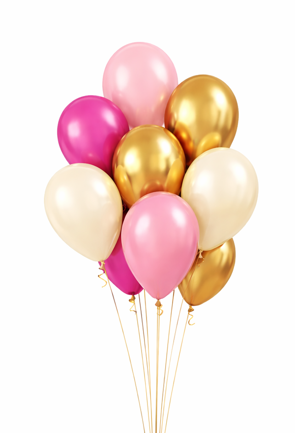 Ballonnentros Royal Vip Candy Love | 9 stukst | Inclusief helium, lint en gewichtje | Chrome Goud met Clear Bubble | Goud & Creme wit en Roze