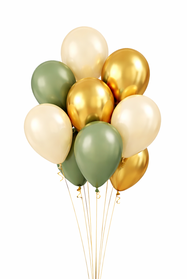 Ballonnentros Royal Vip Green Love | 9 stukst | Inclusief helium, lint en gewichtje | Chrome Goud met Clear Bubble | Goud & Creme wit en Eucalyptus