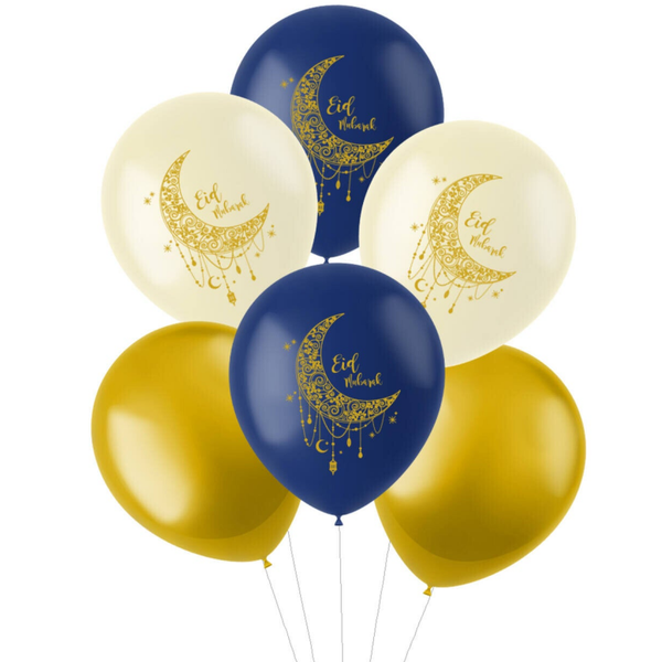 Eid Mubarak | Shimmer | Zes stuks | Tros |  vip mix | Inclusief helium en Lintje | Goud Blauw Creme