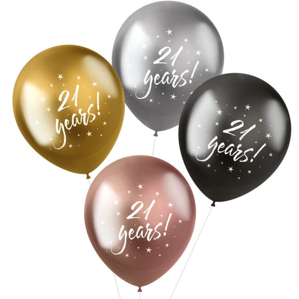 21 Jaar | Shimmer | Verjaardag | Vier stuks | Tros | Chrome vip mix | Inclusief helium en Lintje | Goud Zilver Rose
